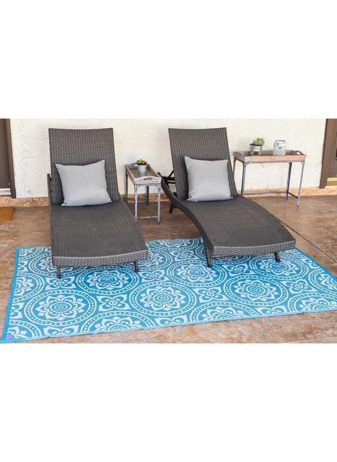 255083 5Feet By 8Feet Reversible Mat Plastic Straw Rug Large Floor Mat For Outdoors Rv Patio Backyard Picnic Beach Camping Leaf Mat (Turquoise White)