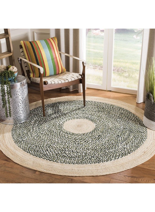 SAFAVIEH Cape Cod Collection 3' Round Green / Natural CAP210Y Handmade Braided Jute & Cotton Area Rug