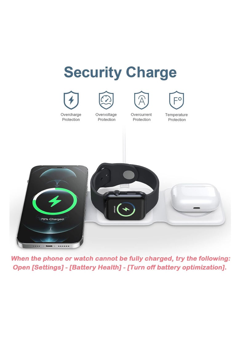 3 in 1 Wireless Charger Compatible with iPhone 11/12/13/14 Magnetic Foldable Charging Station Fast Wireless Charging Pad White Color