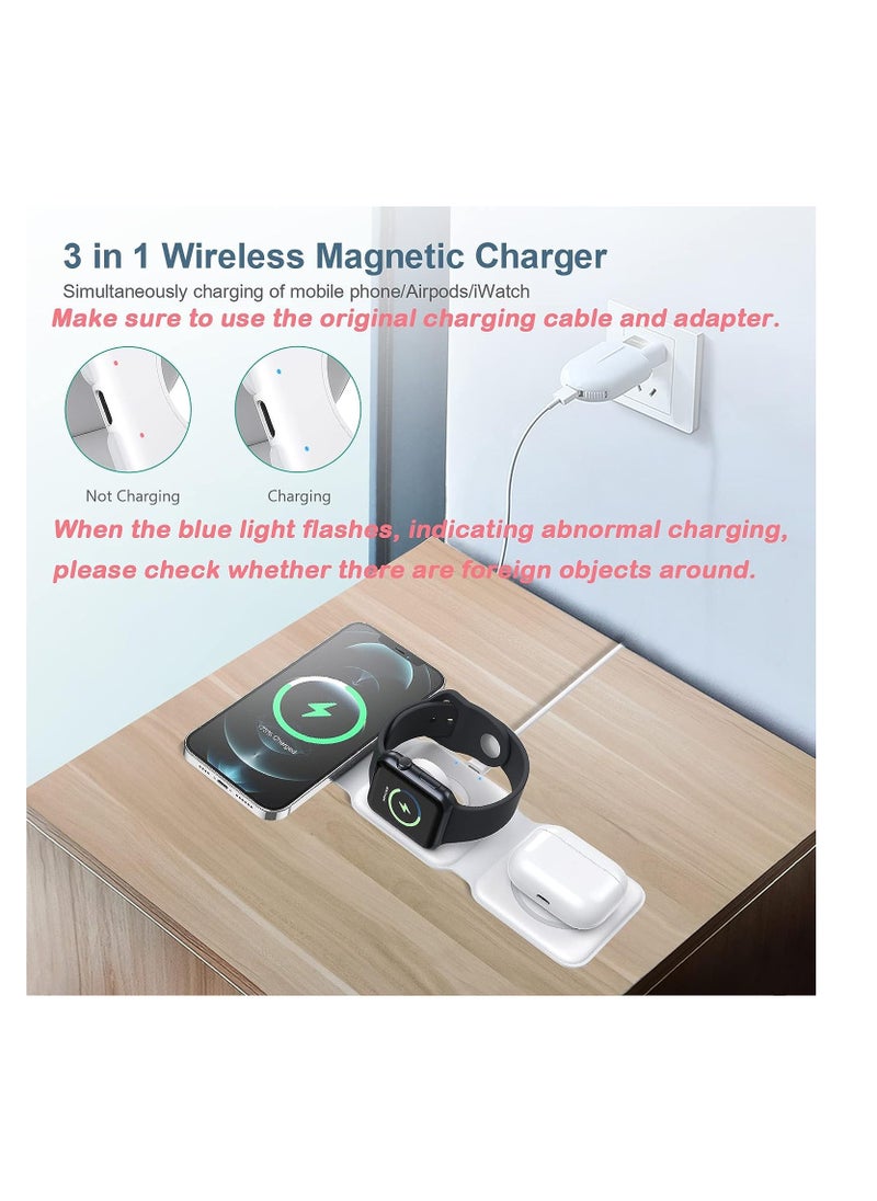 3 in 1 Wireless Charger Compatible with iPhone 11/12/13/14 Magnetic Foldable Charging Station Fast Wireless Charging Pad White Color