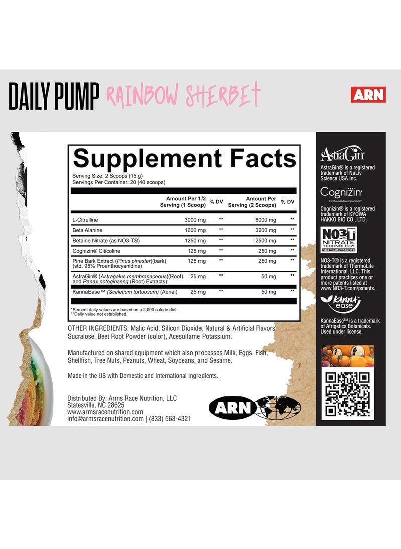 Arms Race Nutrition Daily Pump Stim / Caffeine-Free Pre-Workout, 20 Servings (Rainbow Sherbet)