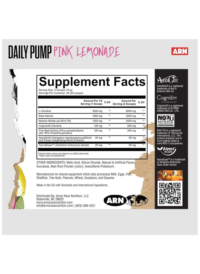 Arms Race Nutrition Daily Pump Stim / Caffeine Free Pre-Workout, 20 Servings (Pink Lemonade)