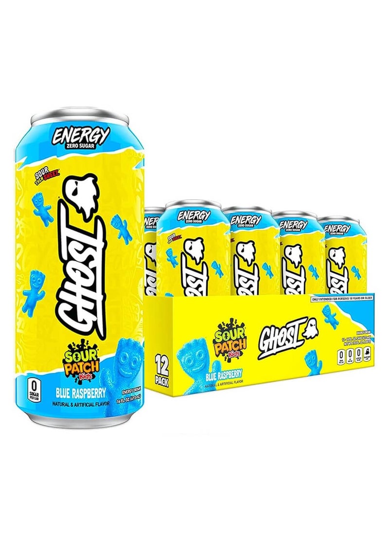 Energy Zero Sugar Sour Patch Kids, Blue Raspberry, 16 fl oz (473 ml), Pack of 12