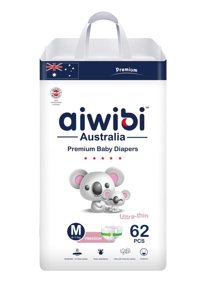 Aiwibi Diapers, Series Premium Nappy, Ultra-Soft and Absorption, Hypoallergenic and Leak-Proof (Medium, 62, count)