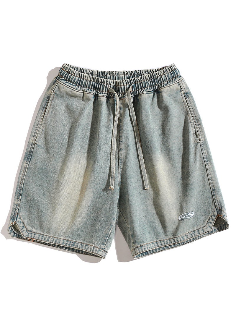Summer Denim Cargo Shorts Embroidered Loose Fit Yellow Mud Blue