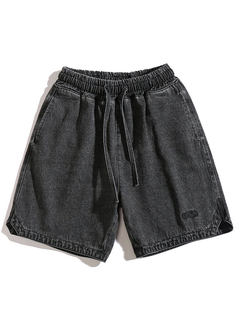 Summer Denim Cargo Shorts Embroidered Loose Fit Black