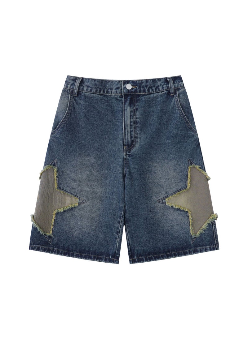 Vintage Star Patch Denim Shorts High Waist Men Blue