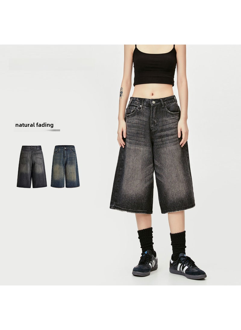 MADEEXTREME Summer Retro Distressed Denim Capris Blue