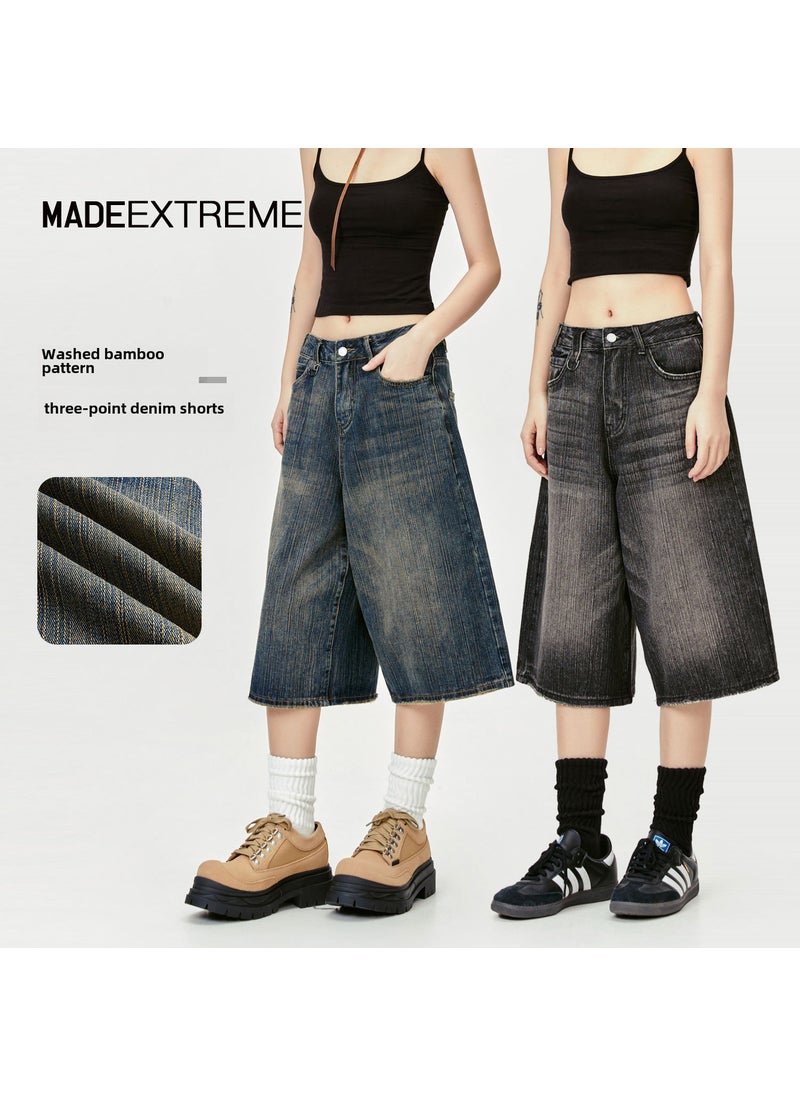 MADEEXTREME Summer Retro Distressed Denim Capris Blue