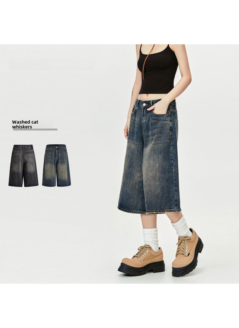 MADEEXTREME Summer Retro Distressed Denim Capris Black