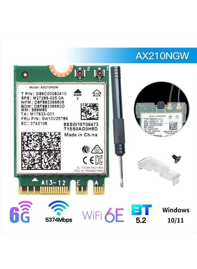 Wi-Fi 6E AX210NGW Wireless WiFi Card BT5.2 M.2 2230 Tri-Band Expands WiFi to 6GHz 160MHz 802.11ax ac MU-MIMO AX210 AX5400Mbps wifi 6E Network Card Better AX200NGW for PC Laptops Only for Windows 10 11