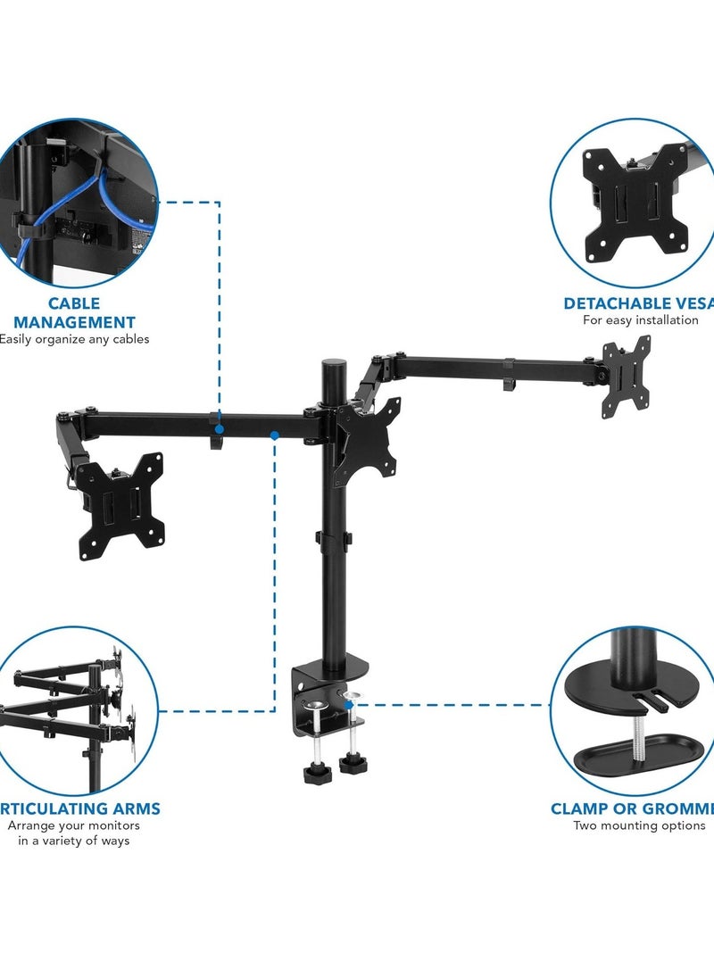 NEW Triple Monitor Desk Mount – 3 Screen Stand with Clamp & Grommet Base, Fits 24