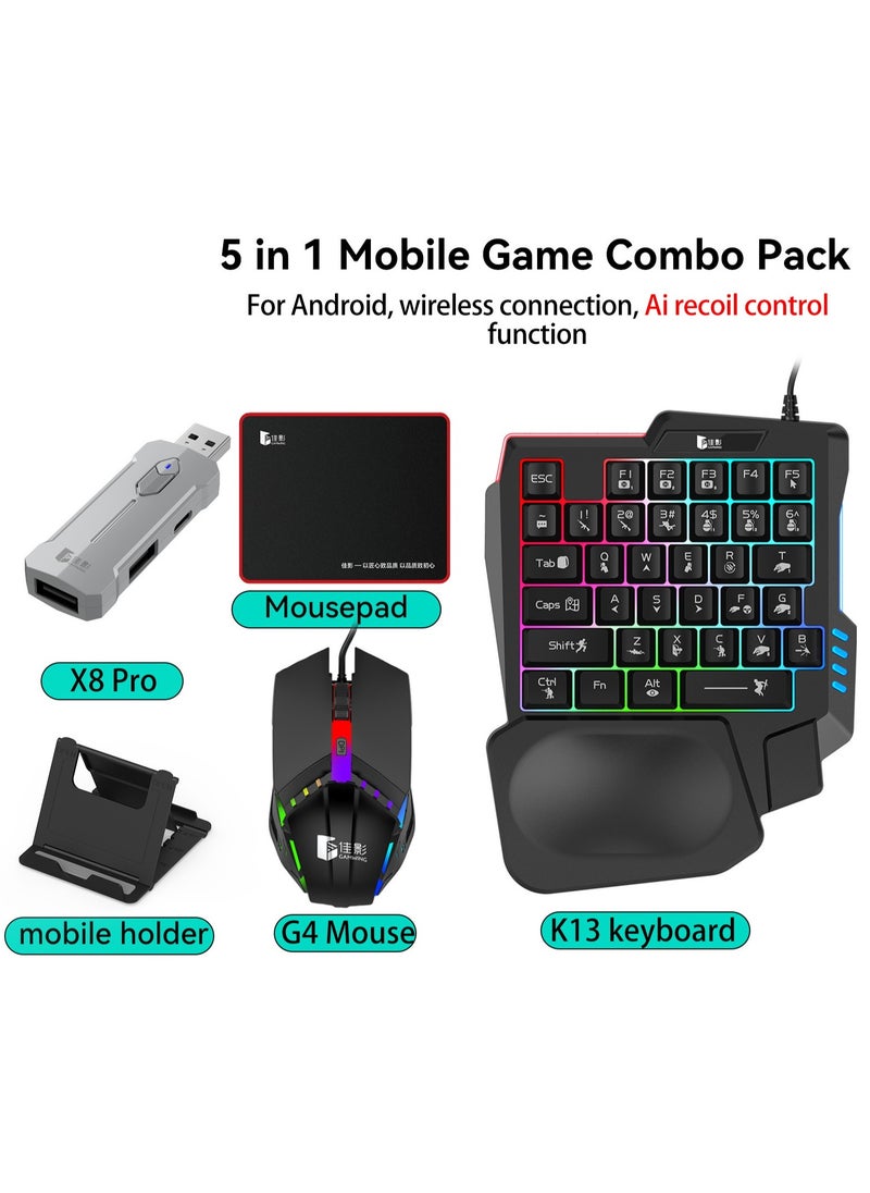 Mobile Gaming Keyboard Mouse Converter Set 5 in 1 Mobile Game Combo Pack for Android / HarmonyOS / Hyper OS / Samsung, Ai Recoil Control Function Wireless Connection