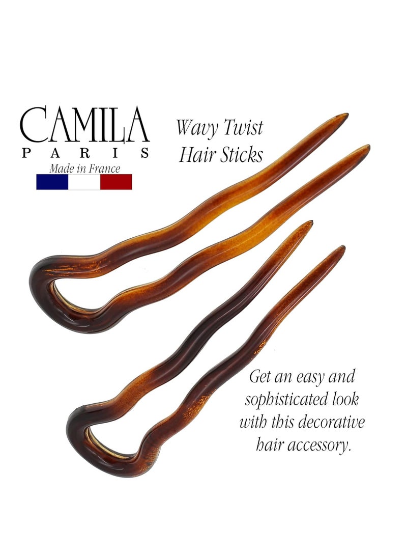 Camila Paris AD823 French Twist Stick Hair Fork, 2 Small Wavy U Shaped Hair Pin Clip for Spiral Updo Bun, Tortoise Shell, Fashion Flexible Durable Styling Hair Accessories for Women, Made in France