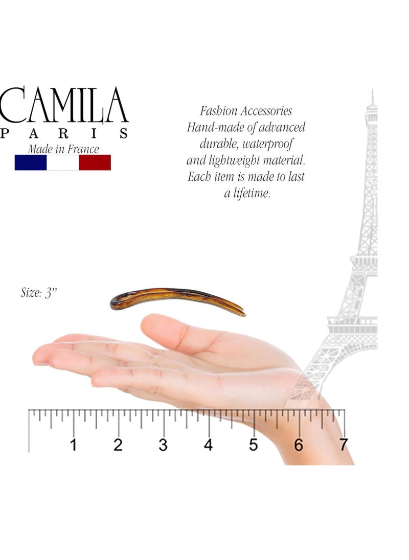 Camila Paris AD823 French Twist Stick Hair Fork, 2 Small Wavy U Shaped Hair Pin Clip for Spiral Updo Bun, Tortoise Shell, Fashion Flexible Durable Styling Hair Accessories for Women, Made in France