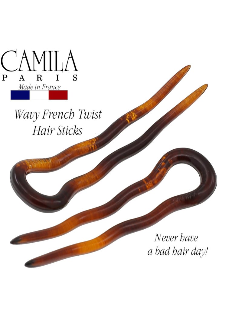 Camila Paris AD823 French Twist Stick Hair Fork, 2 Small Wavy U Shaped Hair Pin Clip for Spiral Updo Bun, Tortoise Shell, Fashion Flexible Durable Styling Hair Accessories for Women, Made in France