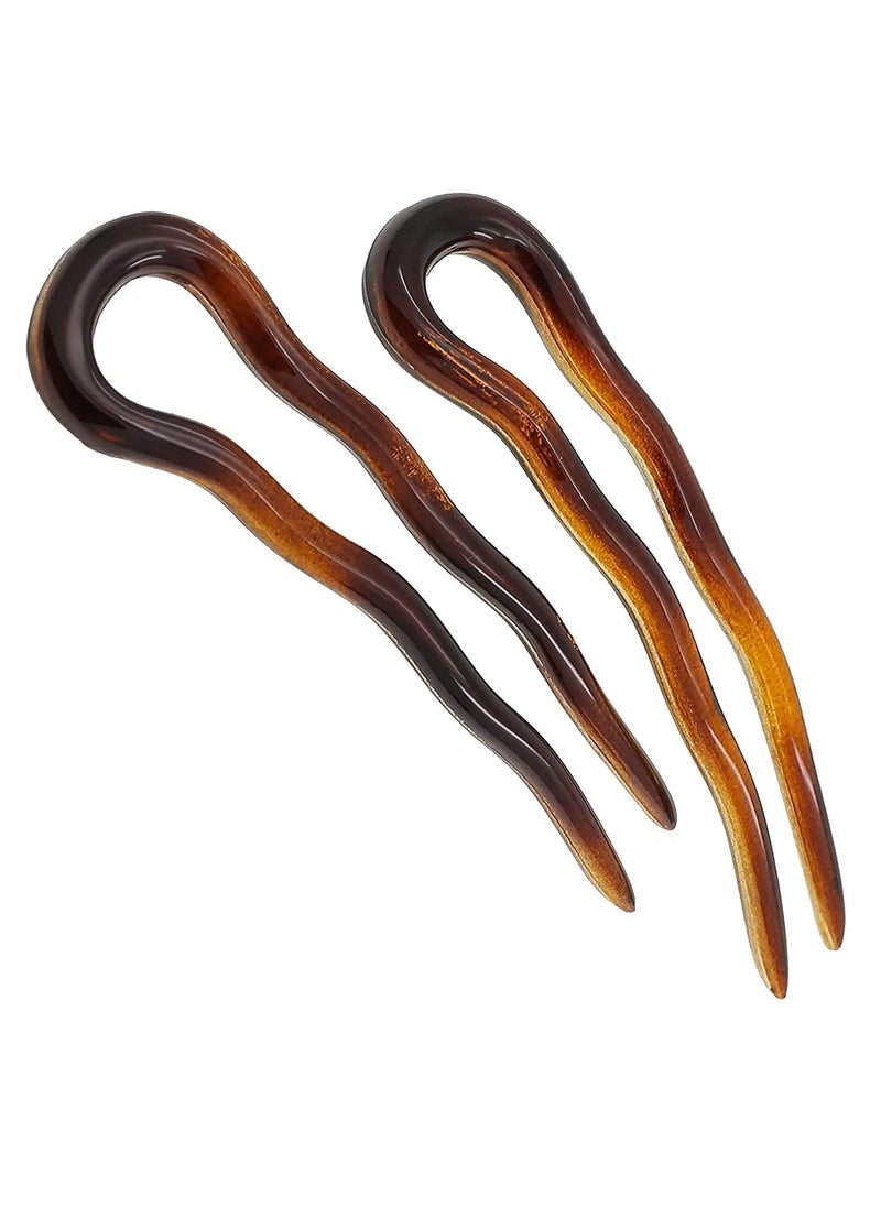 Camila Paris AD823 French Twist Stick Hair Fork, 2 Small Wavy U Shaped Hair Pin Clip for Spiral Updo Bun, Tortoise Shell, Fashion Flexible Durable Styling Hair Accessories for Women, Made in France