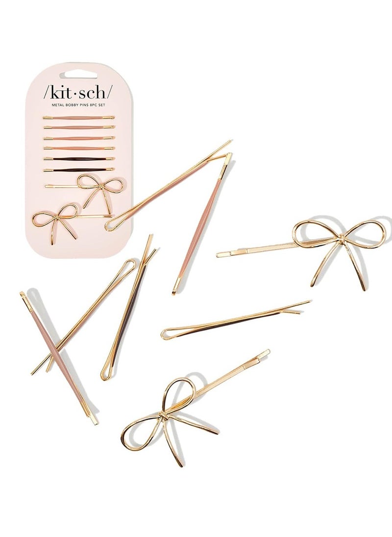 Kitsch Metal Hair Bobby Pins, 8 Count Barrettes for Women, Enamel Puffy & Bow Hair Pins, Hair Accessories & Bun Hair Clips for Girls, Use to Clip Ballet Hair Net, Great for All Hair Types, Rosewood