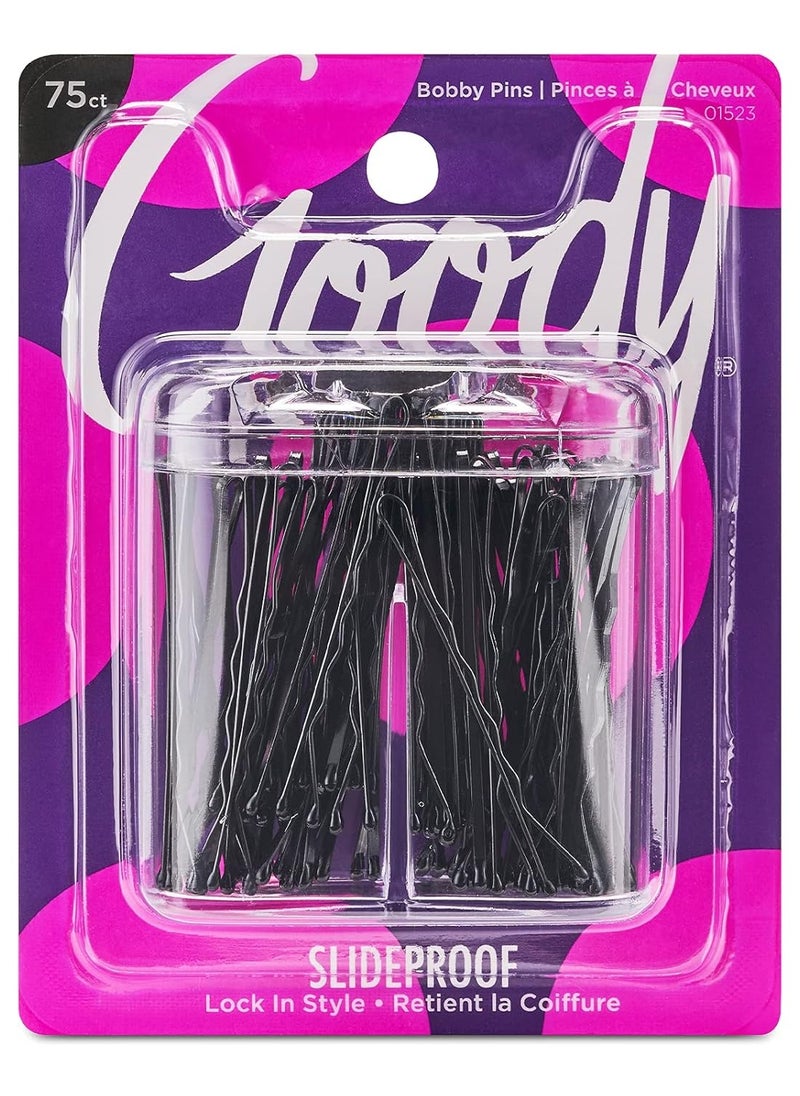 Goody Bobby Pin Box With Magnetic Top - 75 Count, Black - Slideproof And Lock In Place - Suitable For All Hair Types - Pain-Free Hair Accessories For Men, Women, Boys And Girls - All Day Comfort