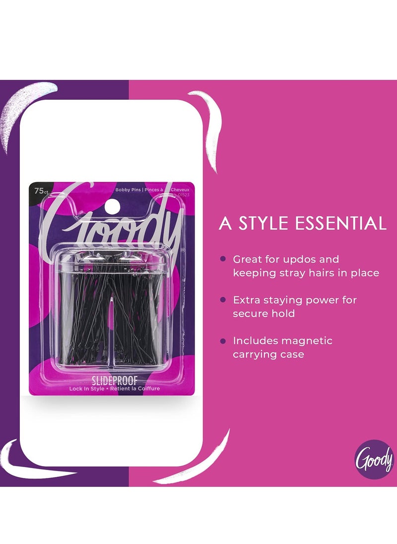 Goody Bobby Pin Box With Magnetic Top - 75 Count, Black - Slideproof And Lock In Place - Suitable For All Hair Types - Pain-Free Hair Accessories For Men, Women, Boys And Girls - All Day Comfort