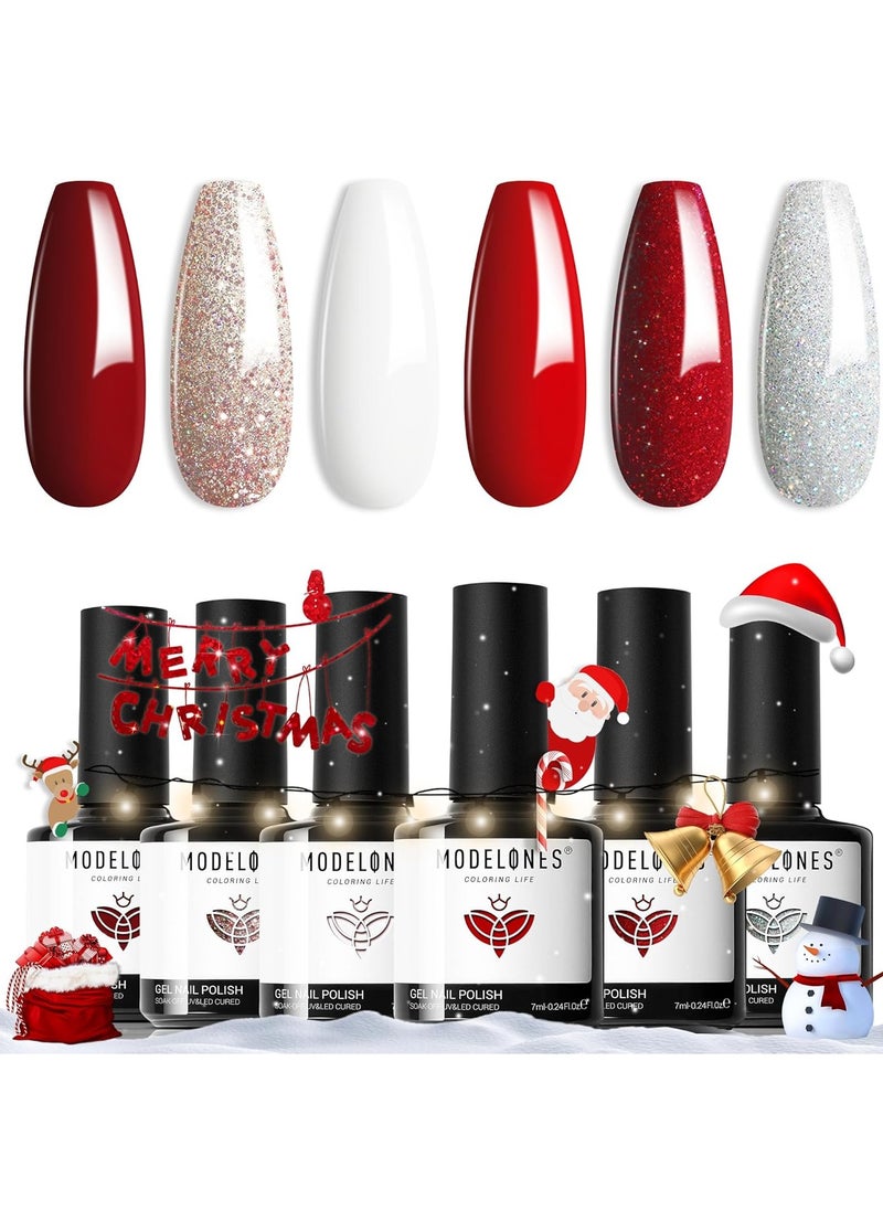 modelones Red Gel Nail Polish Set 6 Colors, White Glitter Sparkle Bright Burgundy Dark Rose Champagne Silver Candy Cane Nail Gel Kit Soak Off Nail Art Gel Design Mani Salon DIY Gift Women