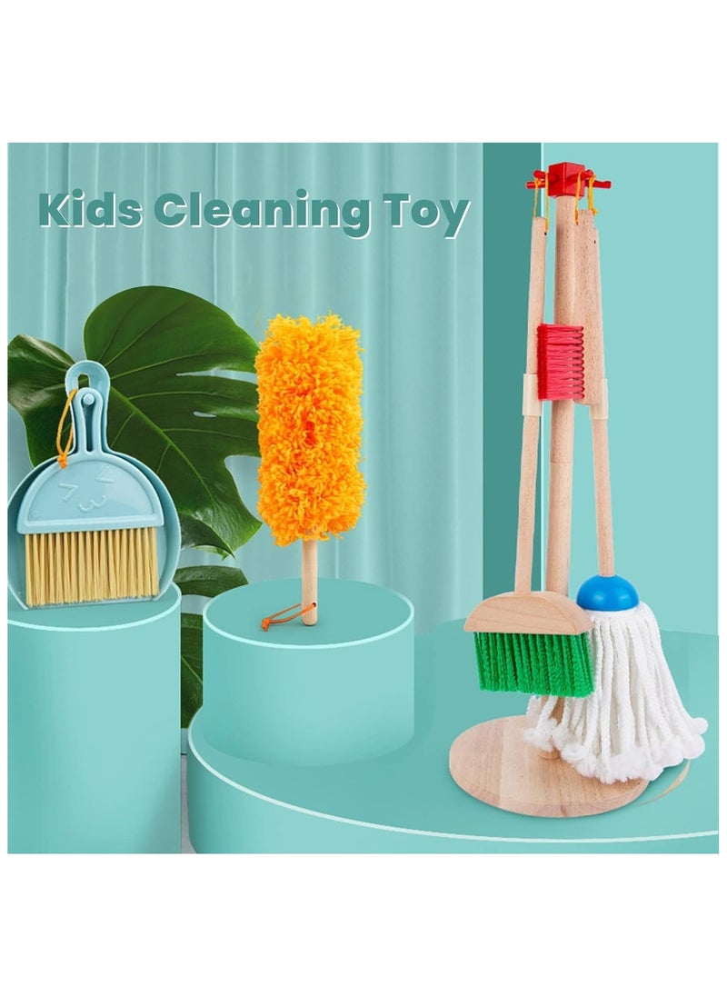 Kids Cleaning Toy Set, 9 Piece Wooden Detachable Children Cleaning Toys - Broom, Mop, Duster, Brush, Dustpan, Bucket, Dish Cloth, and Hanging Stand Housekeeping Kit