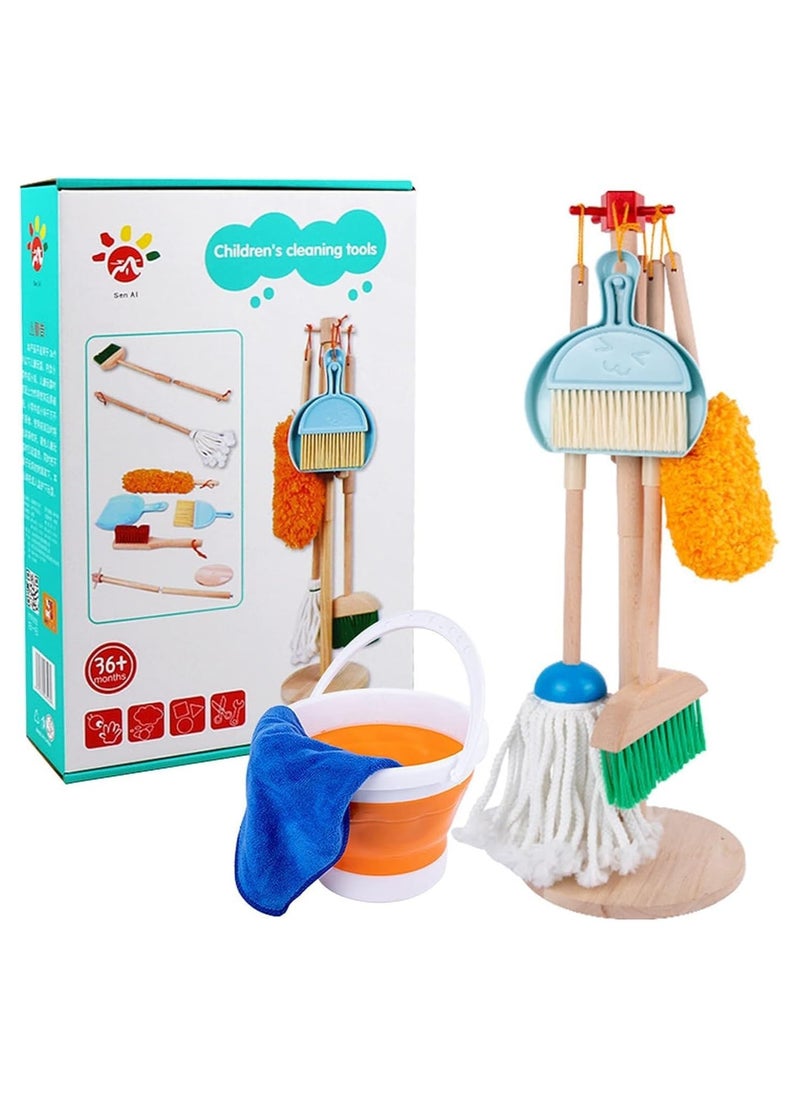 Kids Cleaning Toy Set, 9 Piece Wooden Detachable Children Cleaning Toys - Broom, Mop, Duster, Brush, Dustpan, Bucket, Dish Cloth, and Hanging Stand Housekeeping Kit