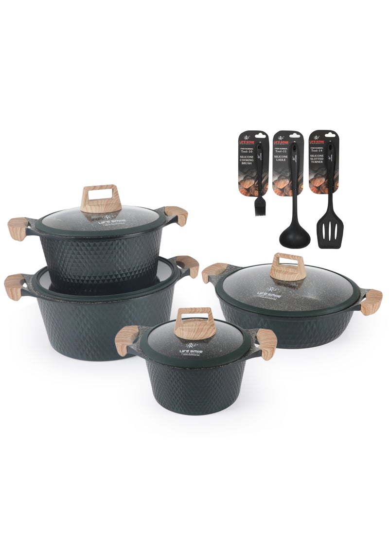 Cookware Set 11 pieces - LIFE SMILE Pots and Pans set Granite Non Stick Coating 100% PFOA FREE, Induction Base Cooking Set include Casseroles & Shallow Pot & Silicone Utensils