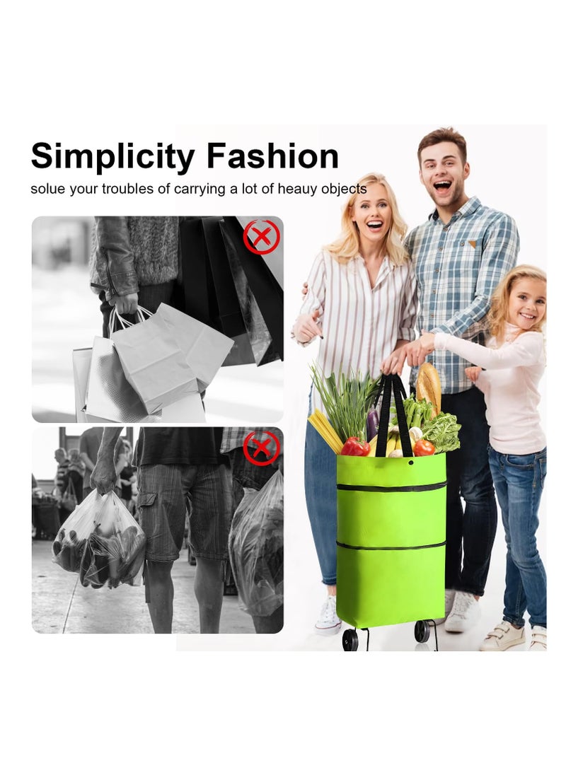 Trolley 16 Gallon Capacity Bags Folding Shopping Bag with Wheels Foldable Shopping Cart Reusable Shopping Bags Grocery Bags Shopping Trolley Bag on Wheels (Green)