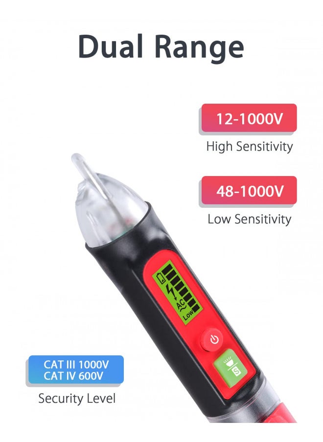 Wintact Non-Contact AC Voltage Detector Pen, 12V-1000V/48V-1000V Dual Range, High/Low Adjustable Sensitive, Live/Null Wire Breakpoint Tester with Flashlight, LCD Flashing Audible Buzzer Alarm