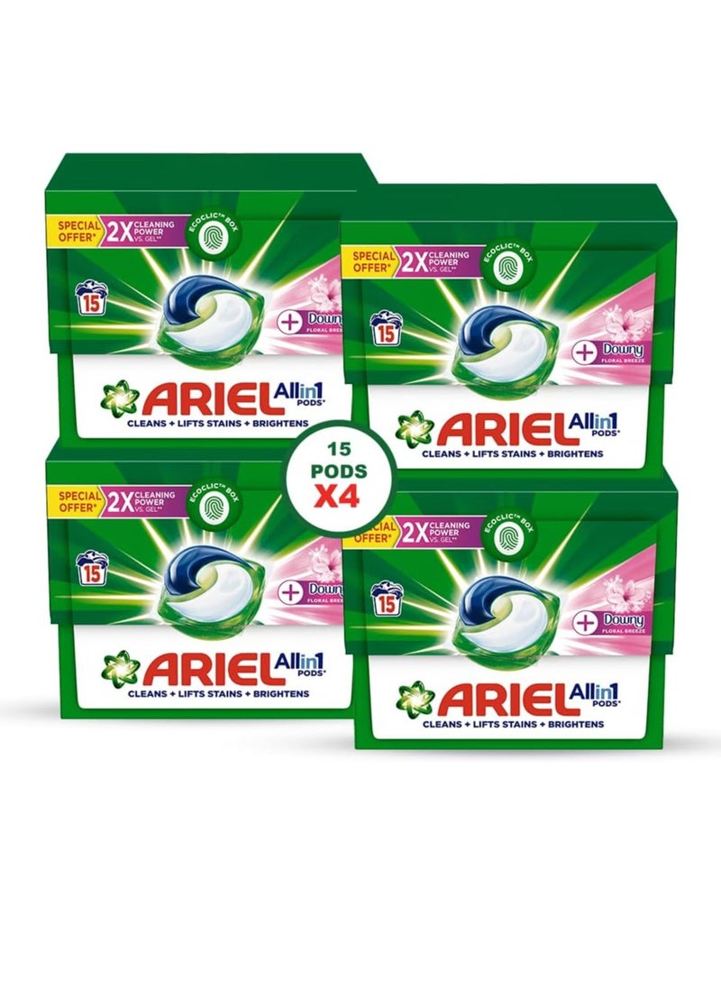 Ariel Floral Breeze All-in-1 Pods, 15 count, Laundry Detergent Pods, (Pack of 4), 60 Pods