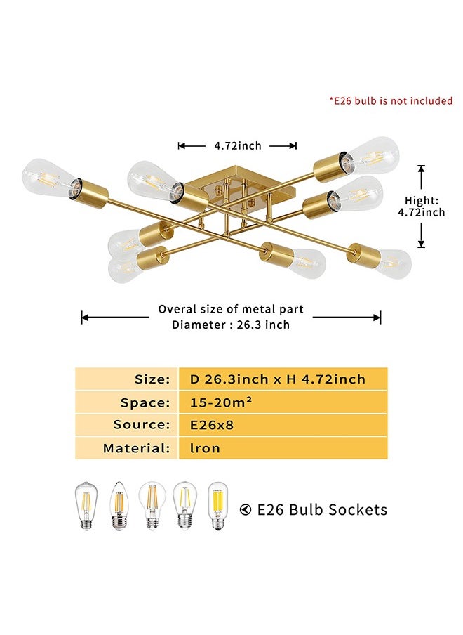 Wrought iron ceiling lamp friction-resistant and rust-resistant gold 8 lights medieval industrial metal semi-recessed ceiling lamp suitable for bedroom dining room living room kitchen corridor  office