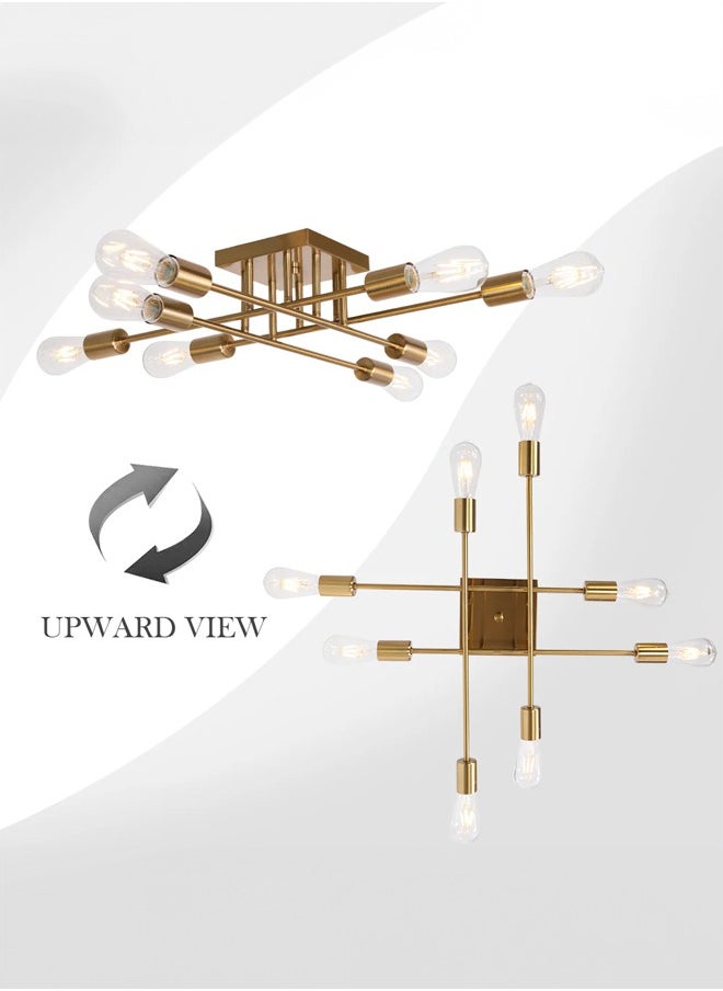 Wrought iron ceiling lamp friction-resistant and rust-resistant gold 8 lights medieval industrial metal semi-recessed ceiling lamp suitable for bedroom dining room living room kitchen corridor  office