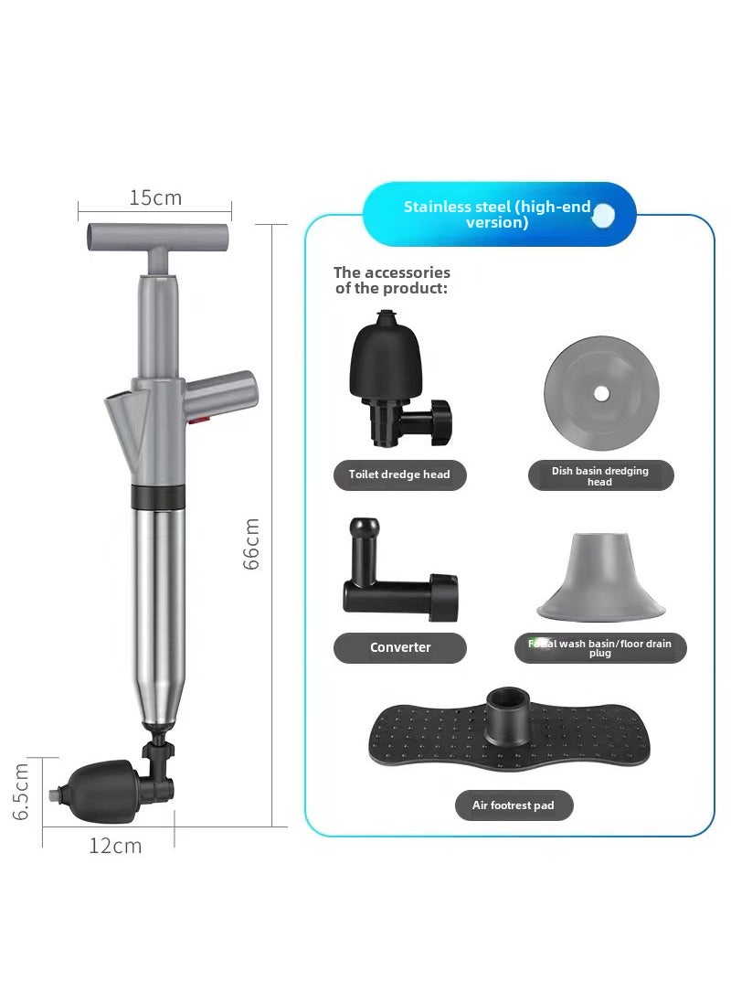 Stainless Steel Toilet Plunger High-Pressure Drain Unblocker gray english packaging