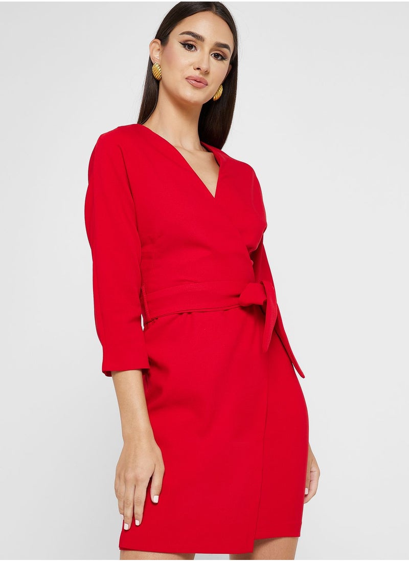 Surplice Neck Tie Detail Wrap Dress