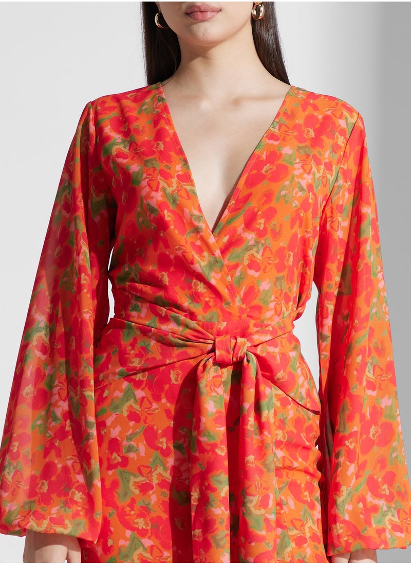 Balloon Sleeve Tie Detail Wrap Dress