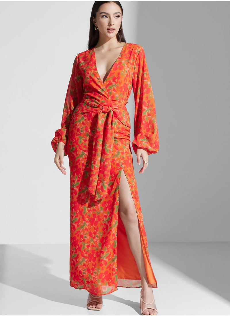 Balloon Sleeve Tie Detail Wrap Dress