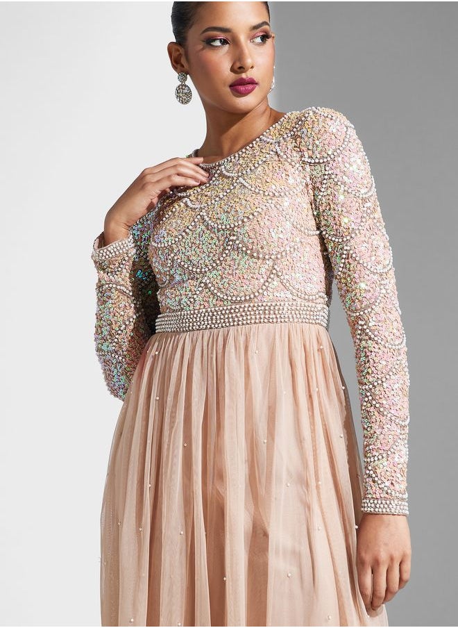 Embellished Tiered Mesh Dress