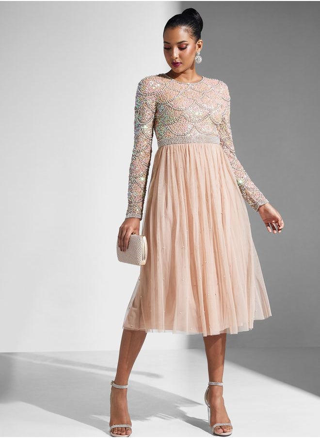 Embellished Tiered Mesh Dress