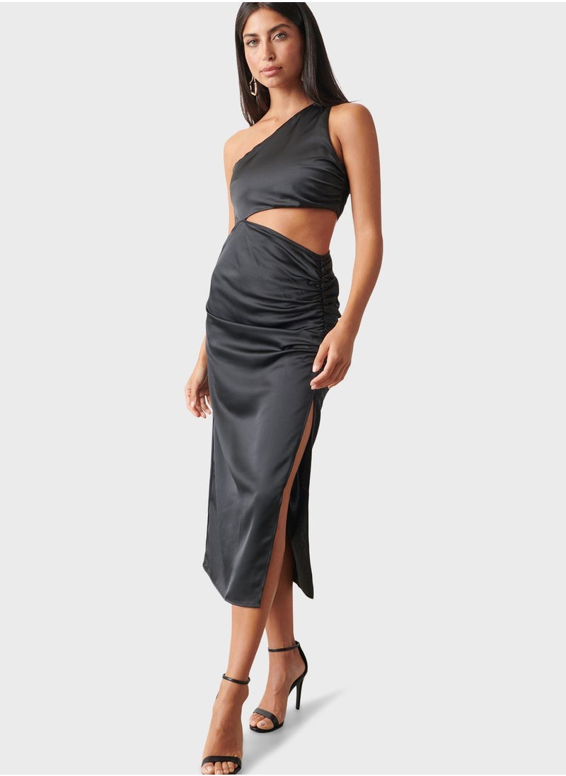 One Shoulder Cut Out Side Slit Ruched Dress