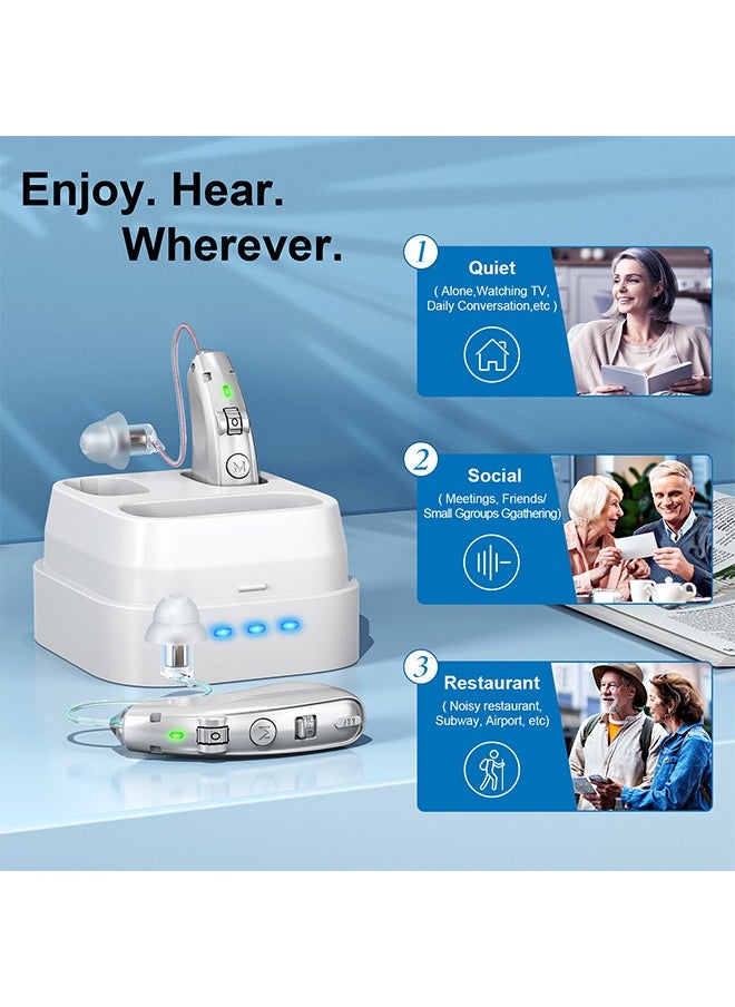 Rechargeable Hearing Aids, Invisible Behind The Ear Hearing Amplifiers, Magnetic Assistive Listening Devices for Adults and Seniors with Noise Cancelling (Silver)