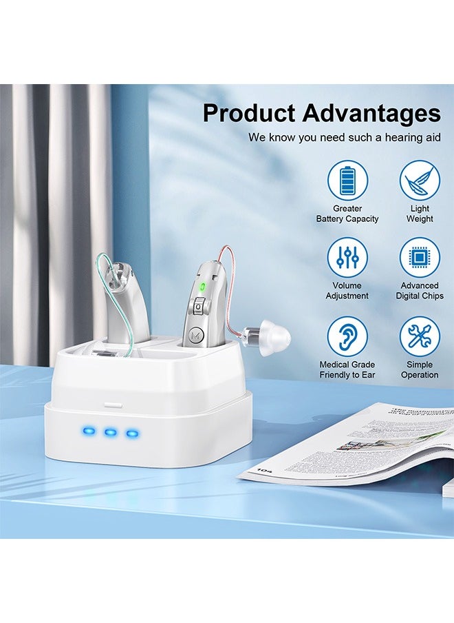 Rechargeable Hearing Aids, Invisible Behind The Ear Hearing Amplifiers, Magnetic Assistive Listening Devices for Adults and Seniors with Noise Cancelling (Silver)