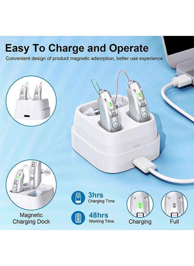 Rechargeable Hearing Aids, Invisible Behind The Ear Hearing Amplifiers, Magnetic Assistive Listening Devices for Adults and Seniors with Noise Cancelling (Silver)