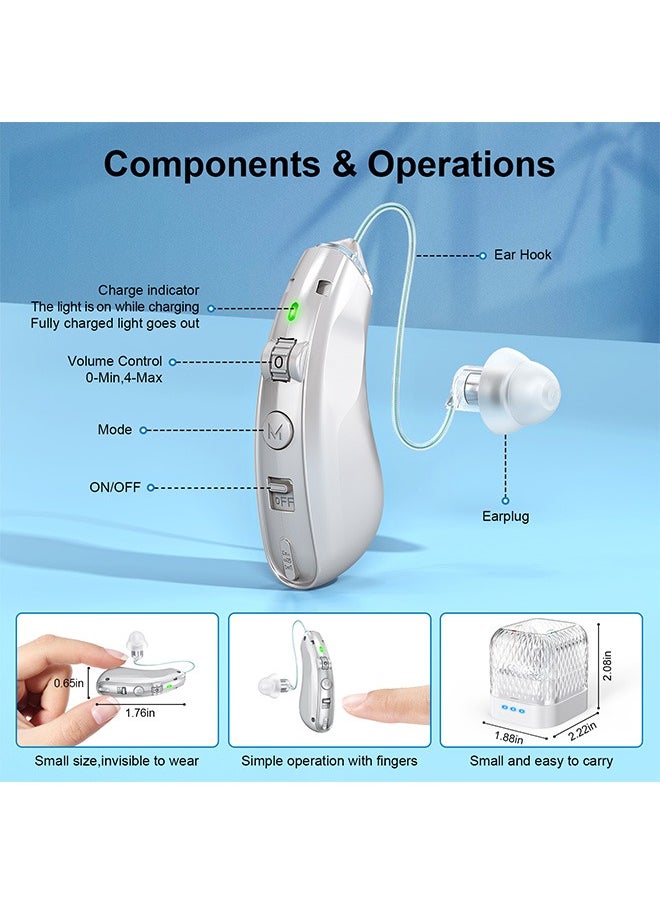Rechargeable Hearing Aids, Invisible Behind The Ear Hearing Amplifiers, Magnetic Assistive Listening Devices for Adults and Seniors with Noise Cancelling (Silver)