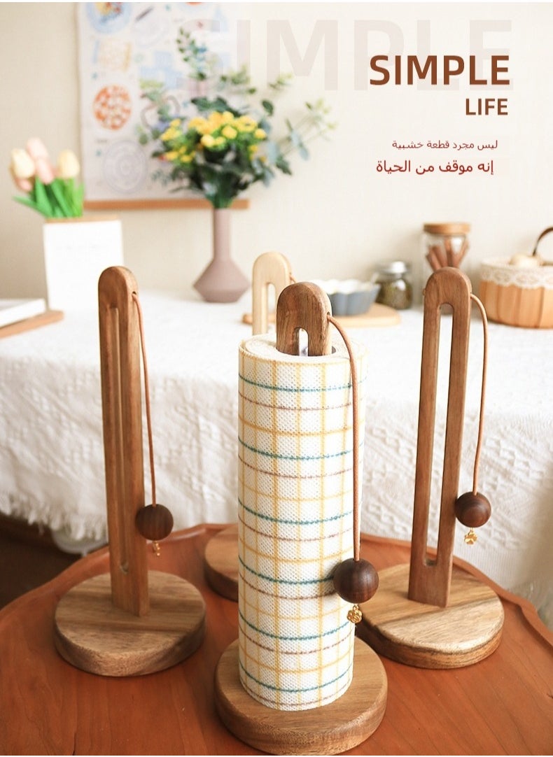 Solid Wood Kitchen Paper Towel Holder, No-Drill Wooden Roll Paper Holder, Cling Film Organizer, Free-Standing Cloth Storage Rack