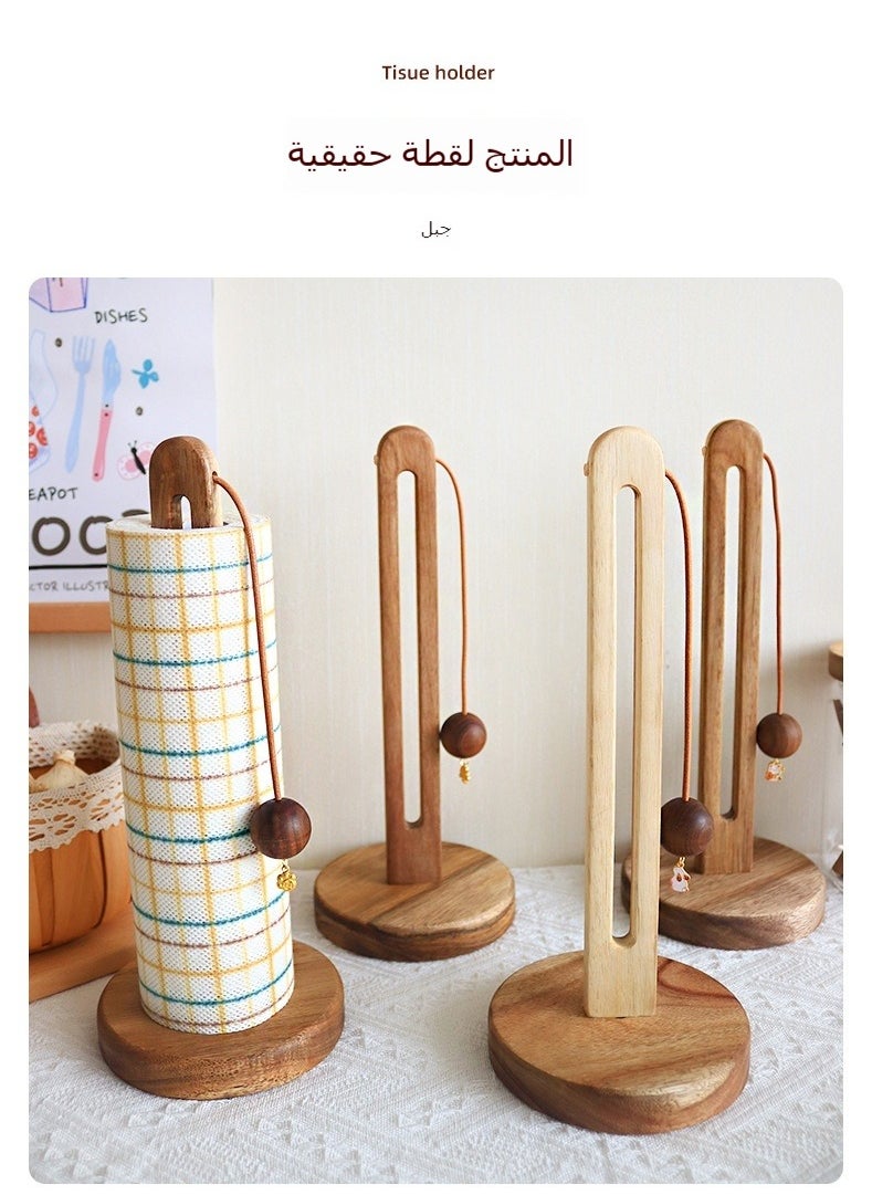 Solid Wood Kitchen Paper Towel Holder, No-Drill Wooden Roll Paper Holder, Cling Film Organizer, Free-Standing Cloth Storage Rack