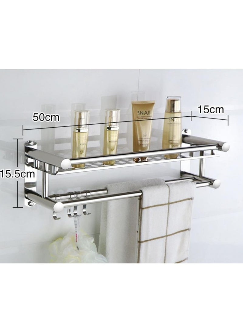 Washroom Rack Towel Hanger Wall Hanging Space Saving Bathroom Drill Installation Stainless Steel Towel Rack Shelf Wall Mount Shelf With Hooks Black