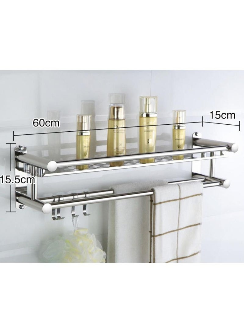 Washroom Rack Towel Hanger Wall Hanging Space Saving Bathroom Drill Installation Stainless Steel Towel Rack Shelf Wall Mount Shelf With Hooks Black