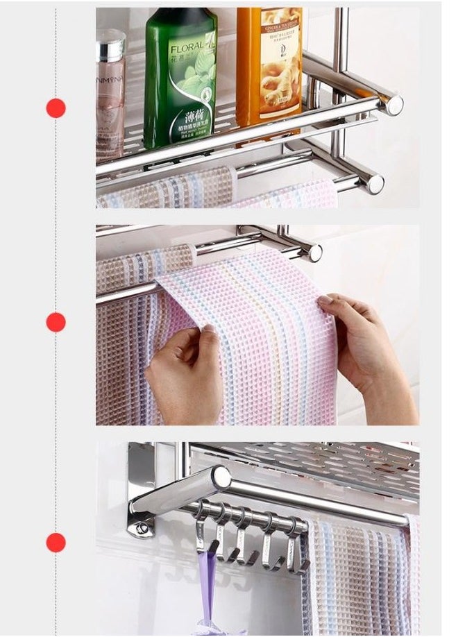 Washroom Rack Towel Hanger Wall Hanging Space Saving Bathroom Drill Installation Stainless Steel Towel Rack Shelf Wall Mount Shelf With Hooks Black