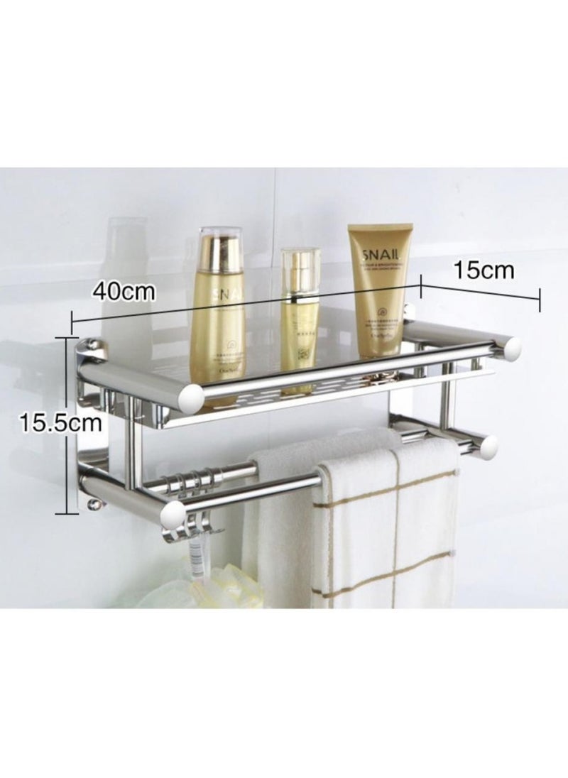 Washroom Rack Towel Hanger Wall Hanging Caddy Space Saving Bathroom Drill Installation Stainless Steel Towel Rack Shelf Wall Mount Shelf With Hooks Black